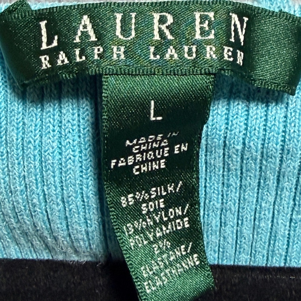 Lauren Ralph Lauren Silk Blend Ruffle Neck Ribbed Knit Top Turquoise Blue Large - Picture 8 of 8